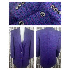 Vtg 90s Bright Plaid Mohair Tweed Double Button Blazer sz 10 Purple